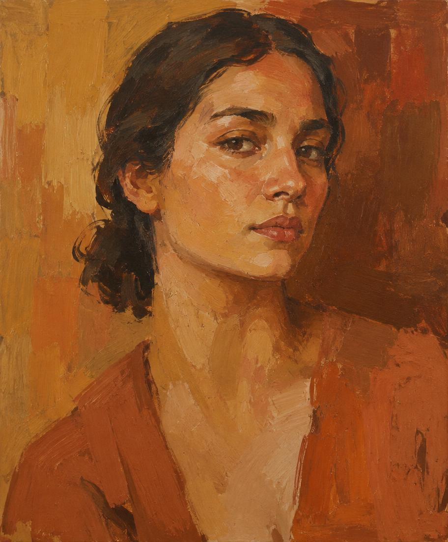 Oil portrait of a woman painted in warm ochre and terracotta tones