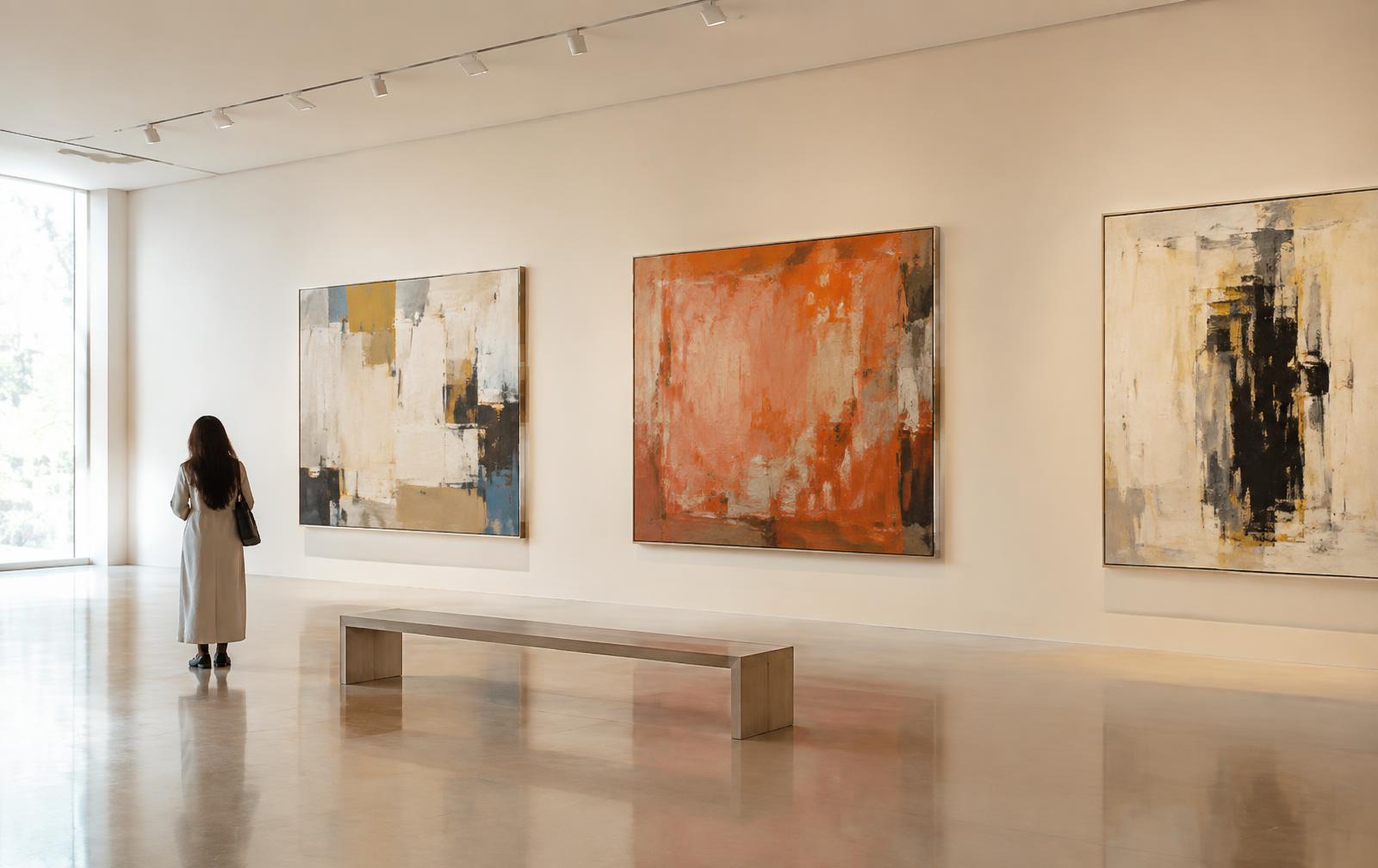 Contemporary gallery interior with large abstract paintings on ivory walls