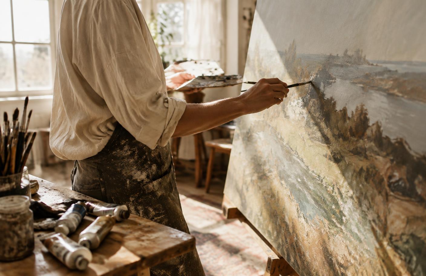 An artist painting a large canvas in a sunlit studio